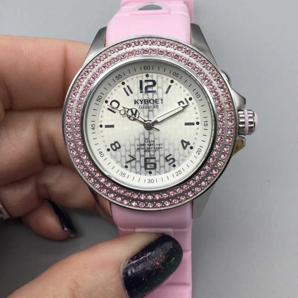 Kyboe! Giant 40 Watch Women 40mm Silver Tone Pink Crystals New Battery
